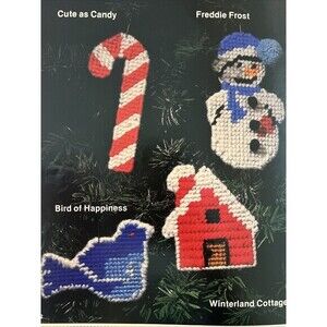 Plastic Canvas Needlepoint Holiday Pattern Candy Came Snowman Bird Cabin